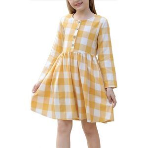 GORLYA Girls Sz 12 Plaid‎ Long Sleeve Button Up Pleated Waist  Linen Midi Dress